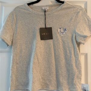 Le Lis Heather Gray Tee with Blue Heart Accent and boot on back NWT